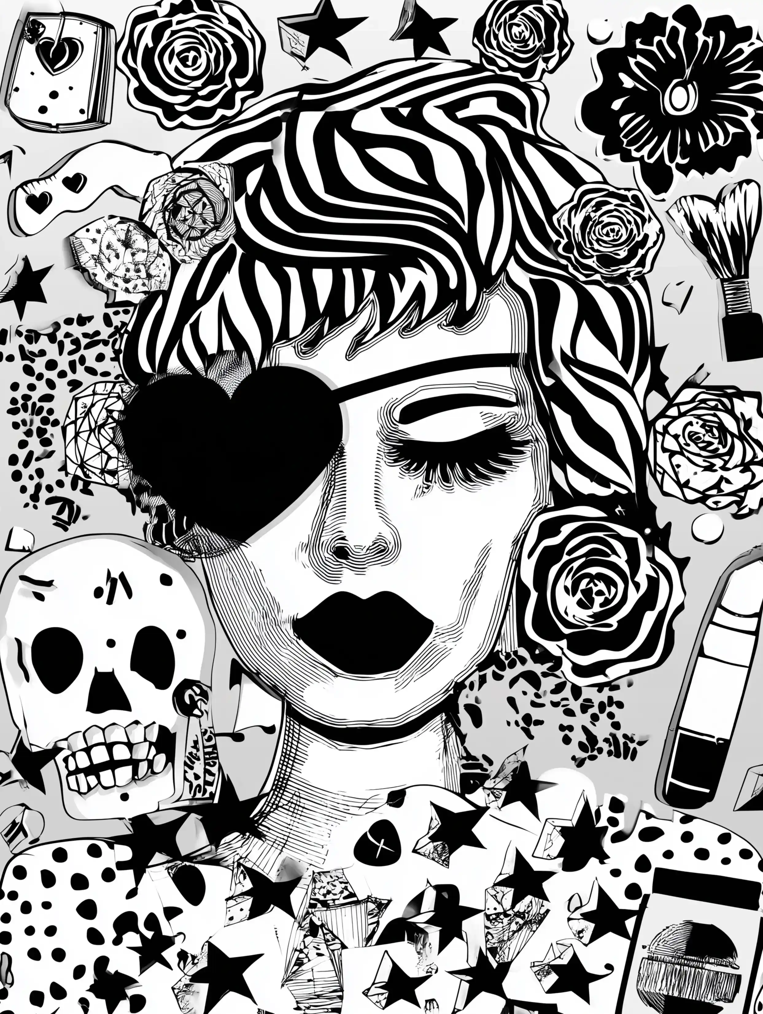 Free printable makeup coloring page for adults featuring a lady with a skull on the left side and makeup